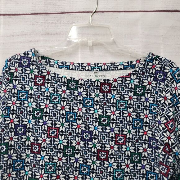 Talbots Geometric Floral Long Sleeve Tee Top Stretch Size Large Snowflakes - Picture 3 of 7